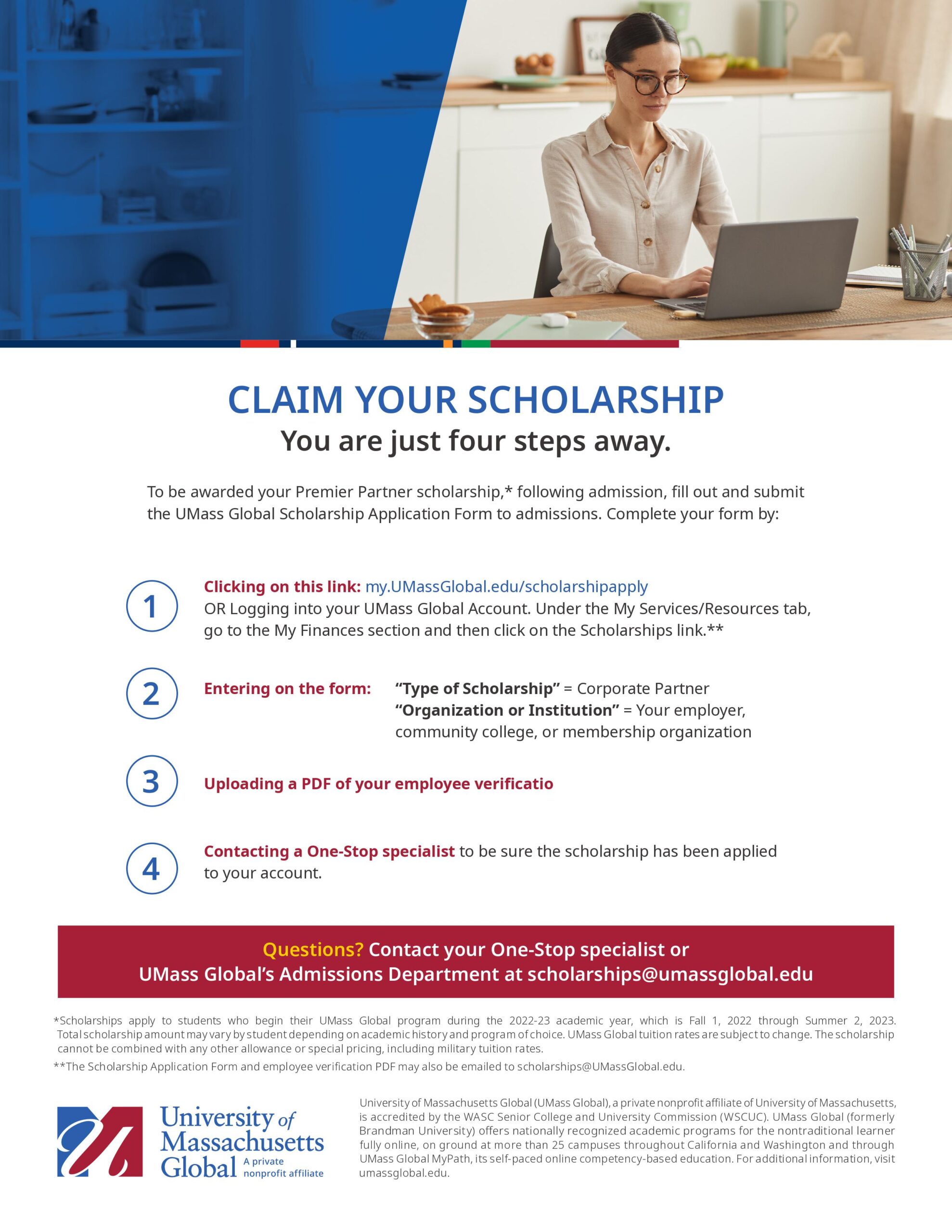 Claim your scholarship at UMass Global once you are enrolled.